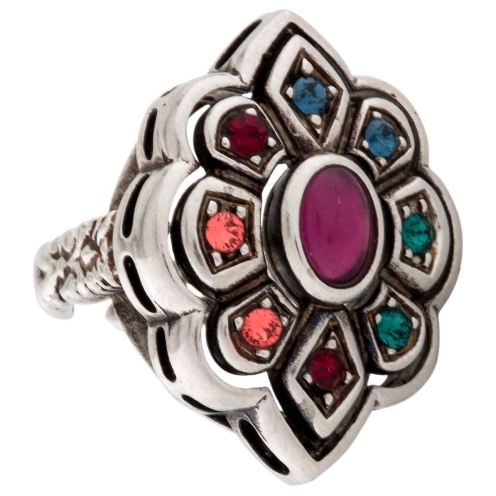 Gucci Multi Crystal Flower Silver-tone Ring 3.5-4